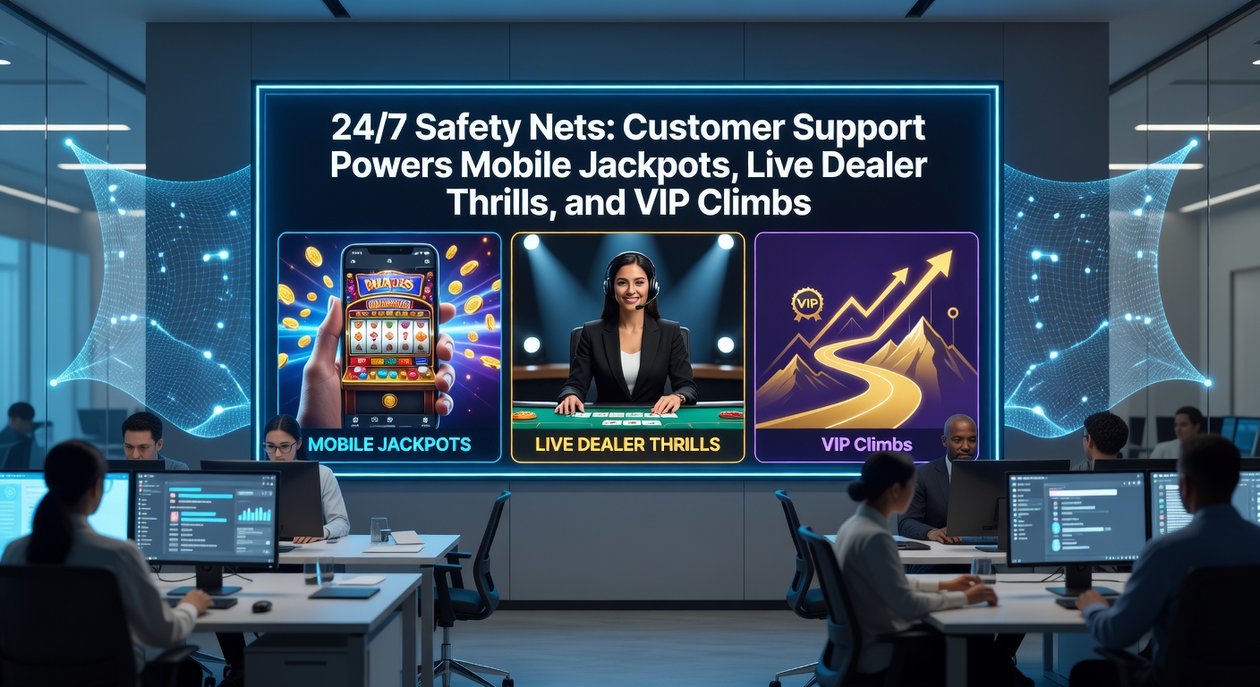 Ein Team von Support-Mitarbeitern bearbeitet Anfragen rund um die Uhr, während im Hintergrund Mobile-Slot-Jackpots und Live-Dealer-Tische leuchten