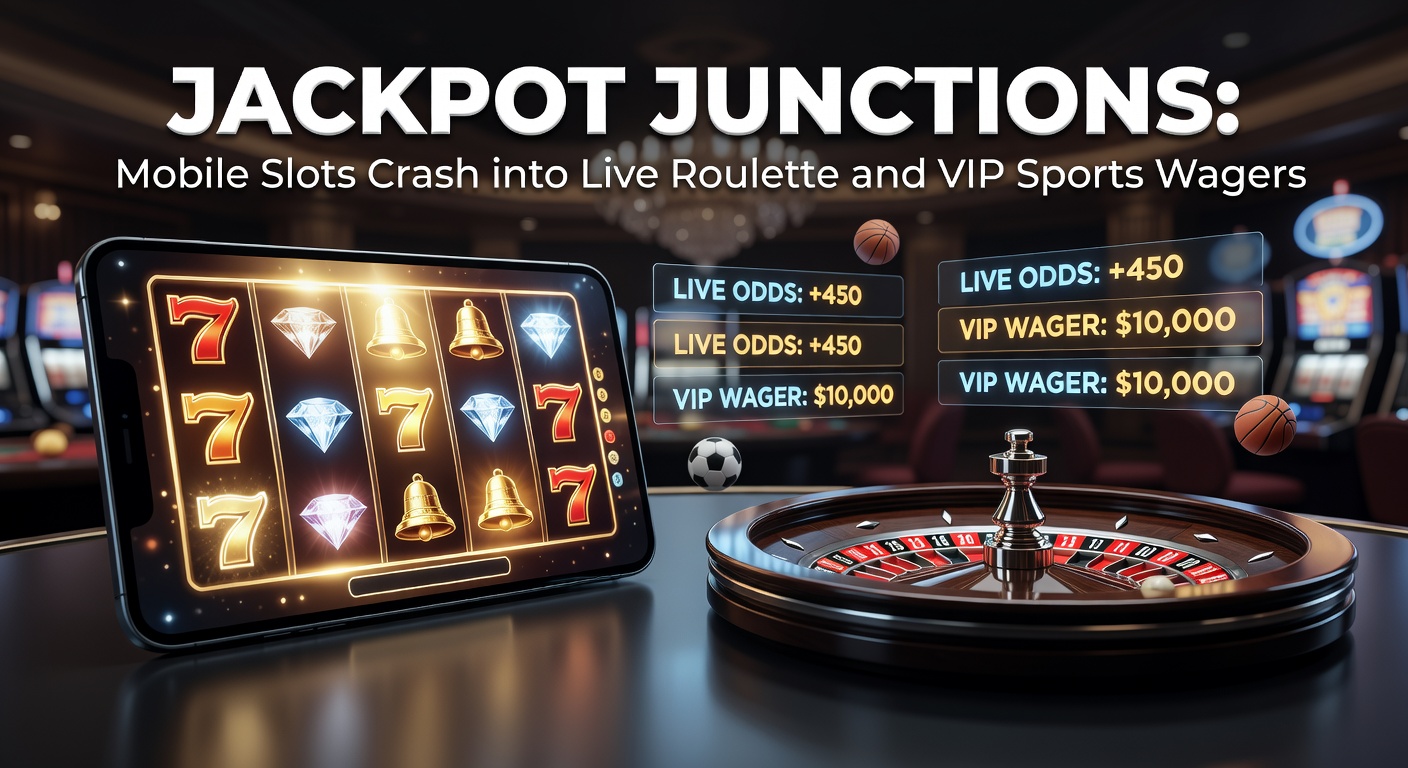 Dynamische Szene mit mobilen Slot-Maschinen, die in ein Live-Roulette-Spiel übergehen, umgeben von Sportwetten-Elementen auf einem Smartphone-Bildschirm