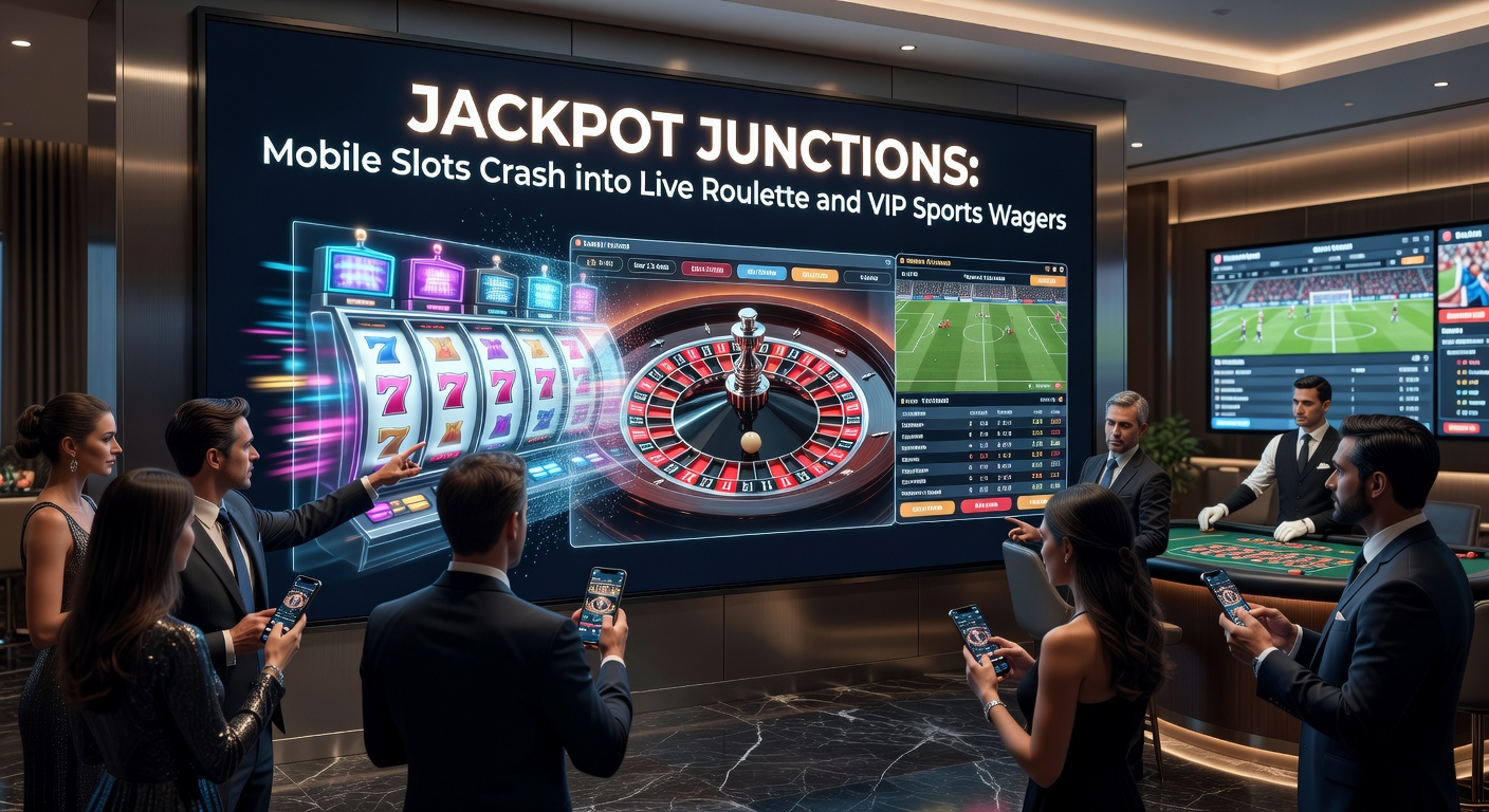 High-Stakes-Szene mit VIP-Sportwetten auf einem Tablet, integriert mit Slot-Jackpots und einem laufenden Live-Roulette-Rad im Hintergrund