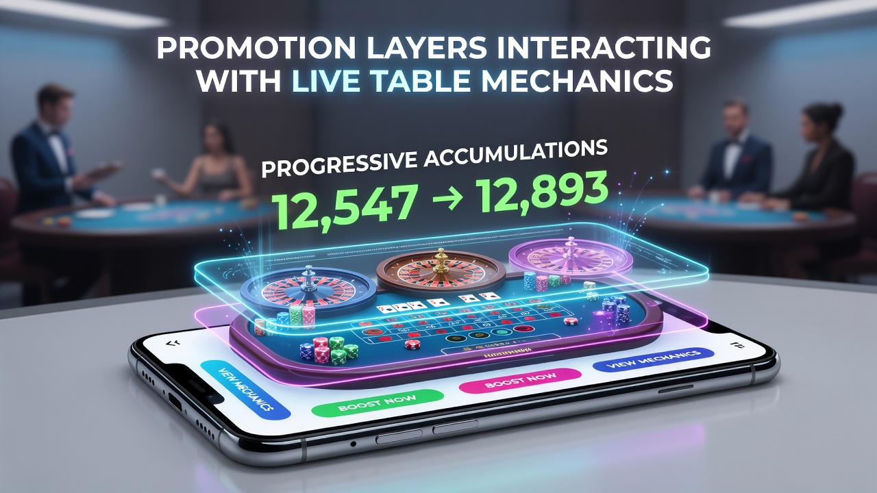 Mobile Live-Tisch-Session mit aktivierten Promotionsebenen und ansteigenden progressiven Jackpots